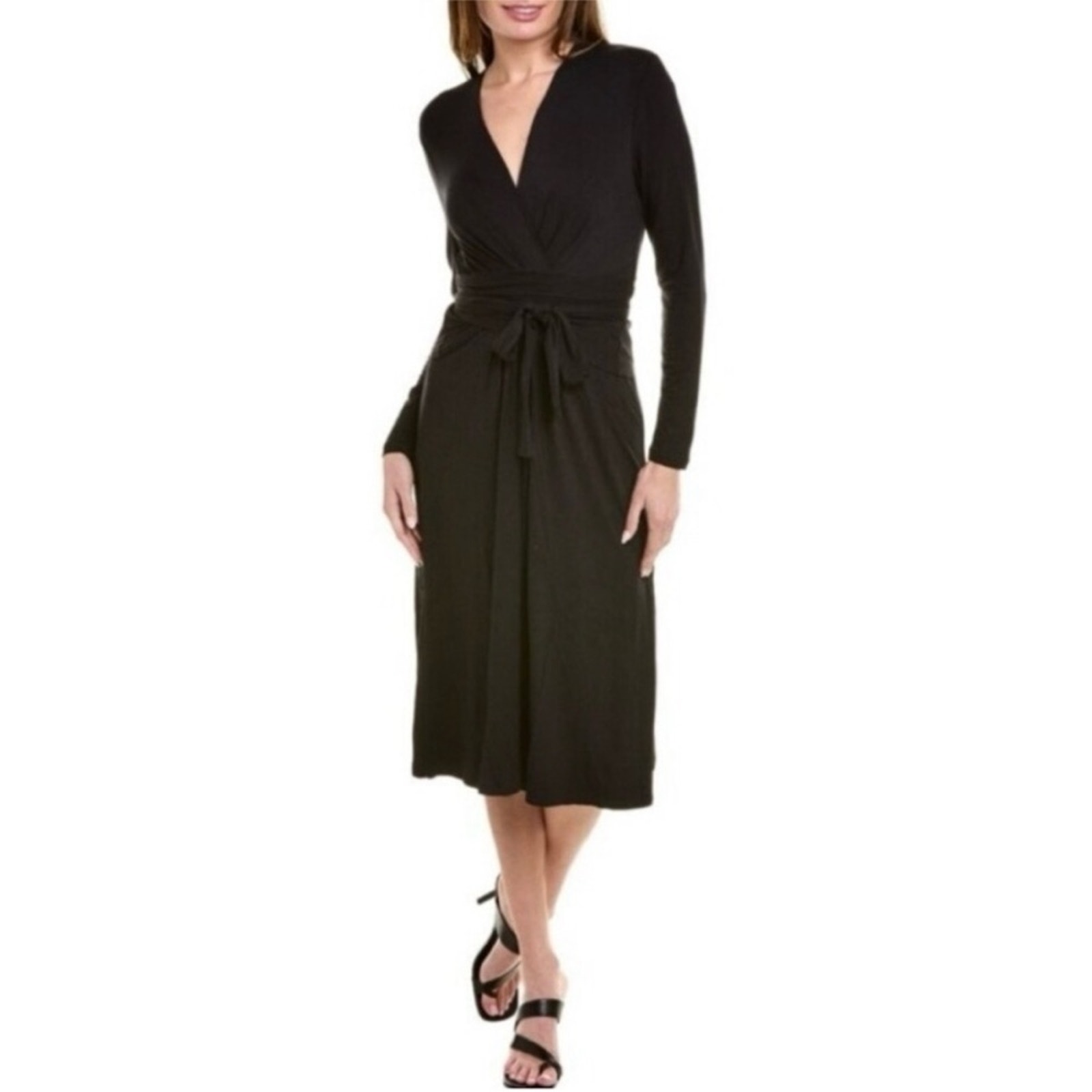 Cabi Dishy Black Wrap Tie Front Long Sleeve Knit Midi Dress Size Small #4262